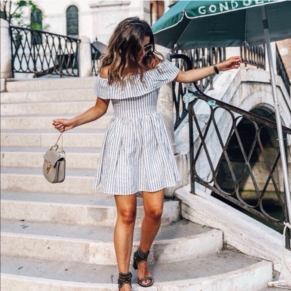 The Jetset Diaries Blue and White Off-Shoulder Mini Dress